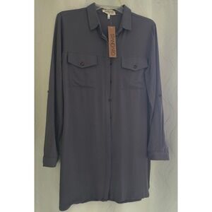 STANDARD Women's Grey Long Sleeve Button Up Shirt Dress Double Pocket Size M NWT